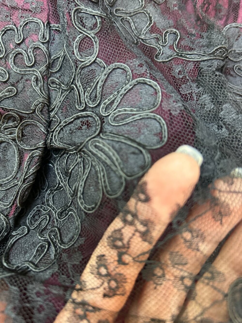 Vtg 50s Black Lace Overlay Burgundy Mini Dress Lace Whimsigoth Dark Romantic - Picture 10 of 16